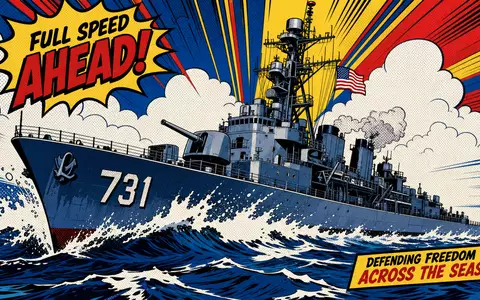 Huntington Ingalls Kriegsschiff als farbiger Pop Art Comic in Primärfarben auf hoher See US4464131063 - Foto: THN