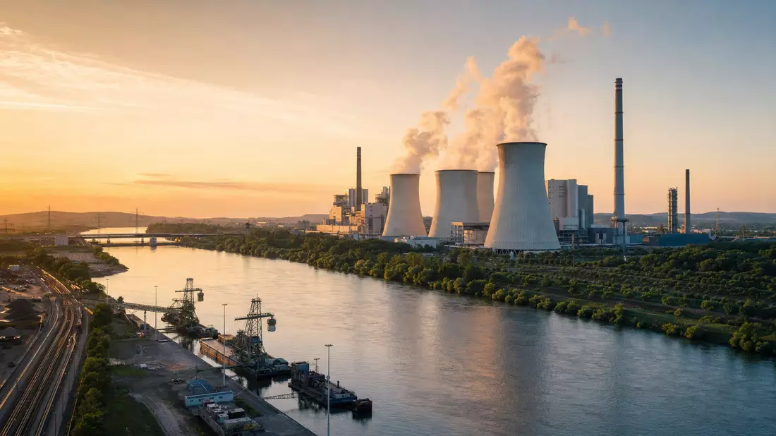 Fotorealistisches Kraftwerk mit Kühltürmen am Fluss bei Sonnenuntergang