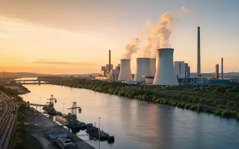 Duke Energy Kraftwerk US26441C2044 am breiten Fluss mit dampfenden Kühltürmen im goldenen Abendlicht - Foto: THN