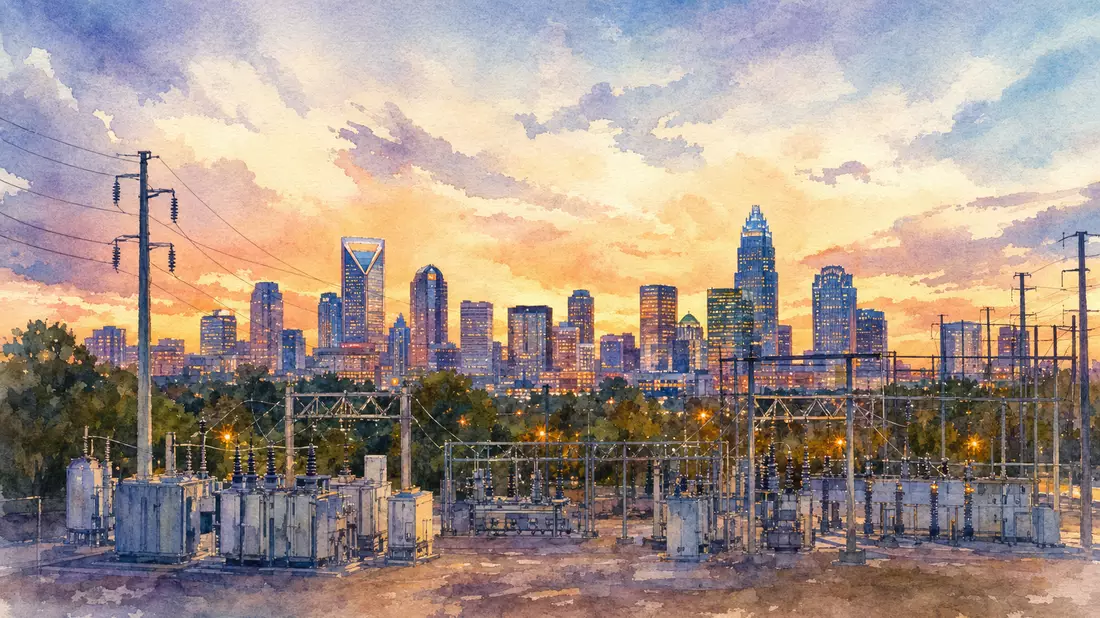 Aquarellbild der Charlotte-Skyline mit Umspannwerk im Vordergrund