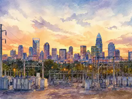 Duke Energy Umspannwerk US26441C2044 gemalt im Aquarellstil vor glühender Charlotte-Skyline bei Abenddämmerung - Foto: THN