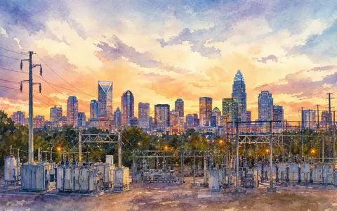 Duke Energy Umspannwerk US26441C2044 gemalt im Aquarellstil vor glühender Charlotte-Skyline bei Abenddämmerung - Foto: THN