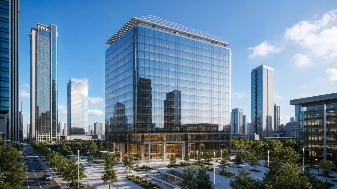 Architektur-CGI-Render eines modernen Energiekonzern-Hochhauses mit Glasfassade