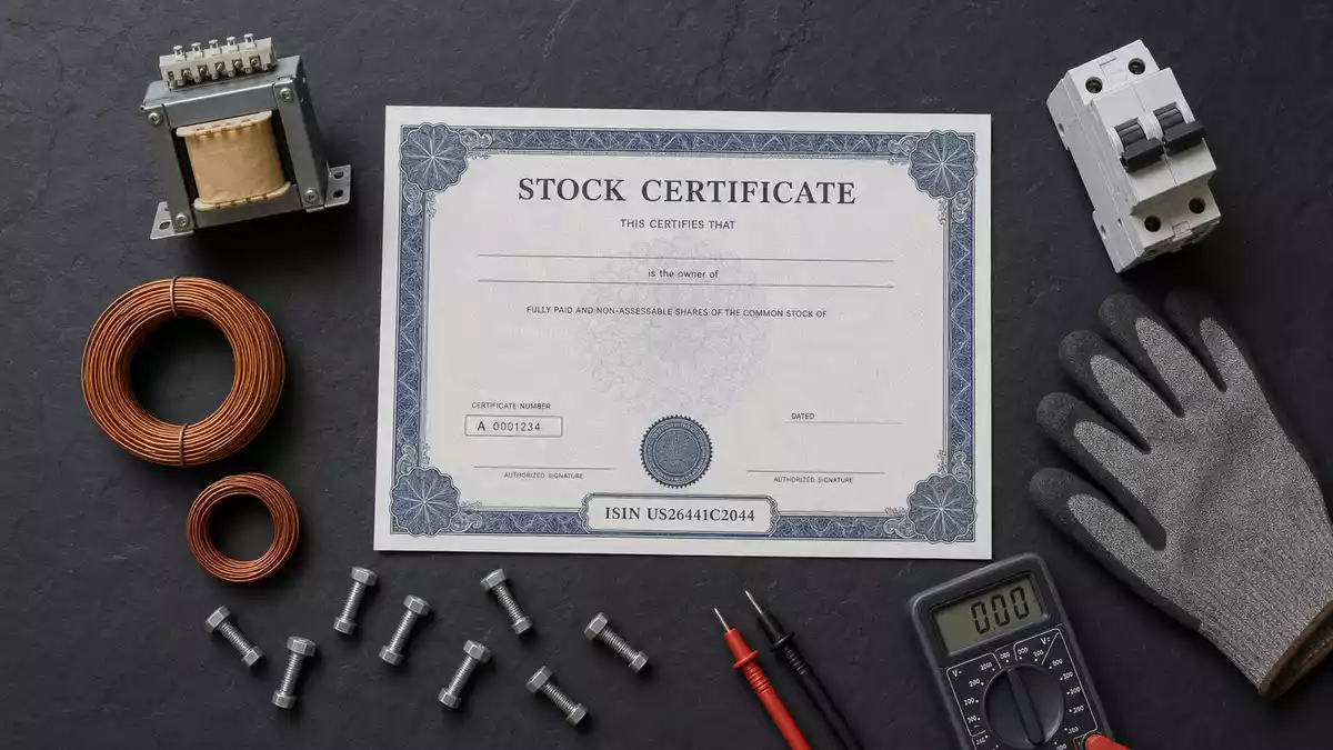 Flatlay mit Aktienzertifikat ISIN US26441C2044 und Elektrotechnik-Utensilien