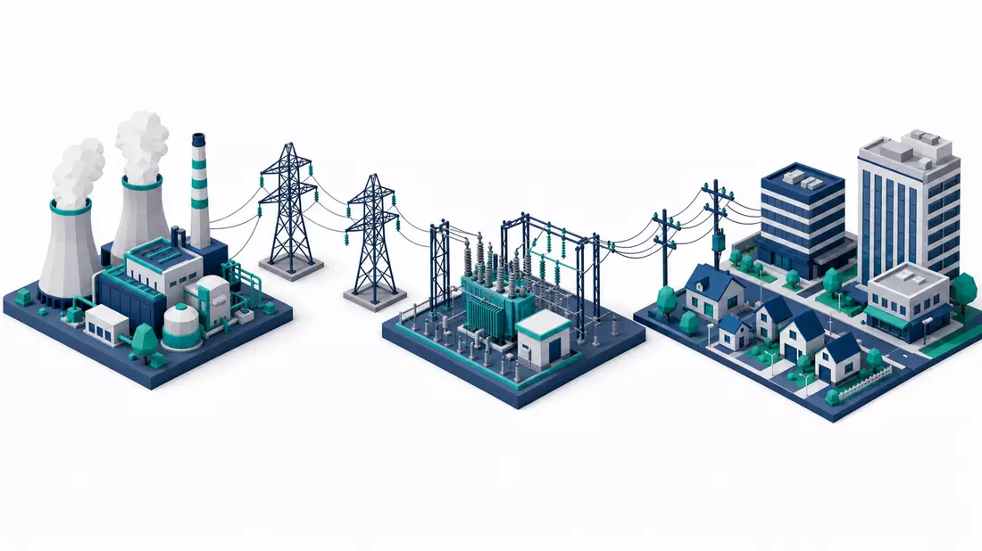 Isometrisches 3D-Diagramm der Stromversorgungskette von Kraftwerk bis Wohngebäude