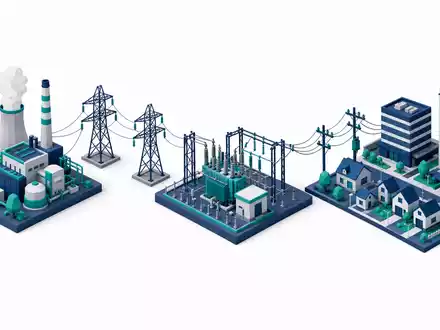 Duke Energy Wertschöpfungskette US26441C2044 als isometrisches 3D-Diagramm von Stromerzeugung über Umspannung bis Verbraucher - Foto: THN