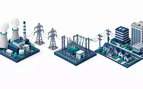 Duke Energy Wertschöpfungskette US26441C2044 als isometrisches 3D-Diagramm von Stromerzeugung über Umspannung bis Verbraucher - Foto: THN