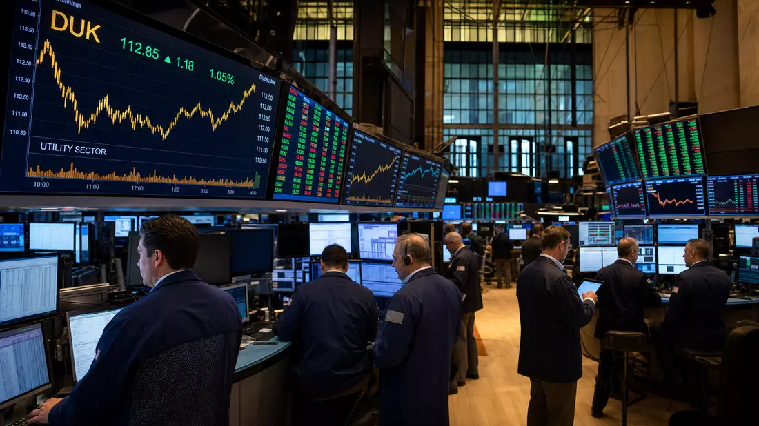 NYSE-Börsenparkett mit Händlern und DUK-Utility-Sektor-Chart auf großen Screens