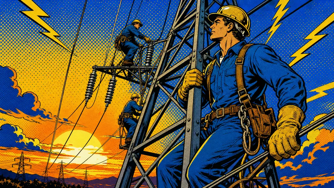 Retro-Pop-Art-Comic von Elektromonteur auf Hochspannungsmast bei Sonnenuntergang