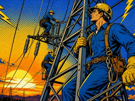Duke Energy Monteure US26441C2044 auf Strommast als farbiger retro Pop-Art-Comic mit Blitzmotiven - Foto: THN