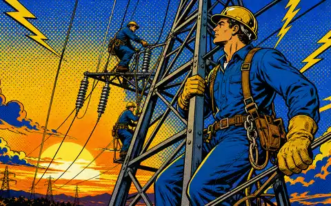 Duke Energy Monteure US26441C2044 auf Strommast als farbiger retro Pop-Art-Comic mit Blitzmotiven - Foto: THN