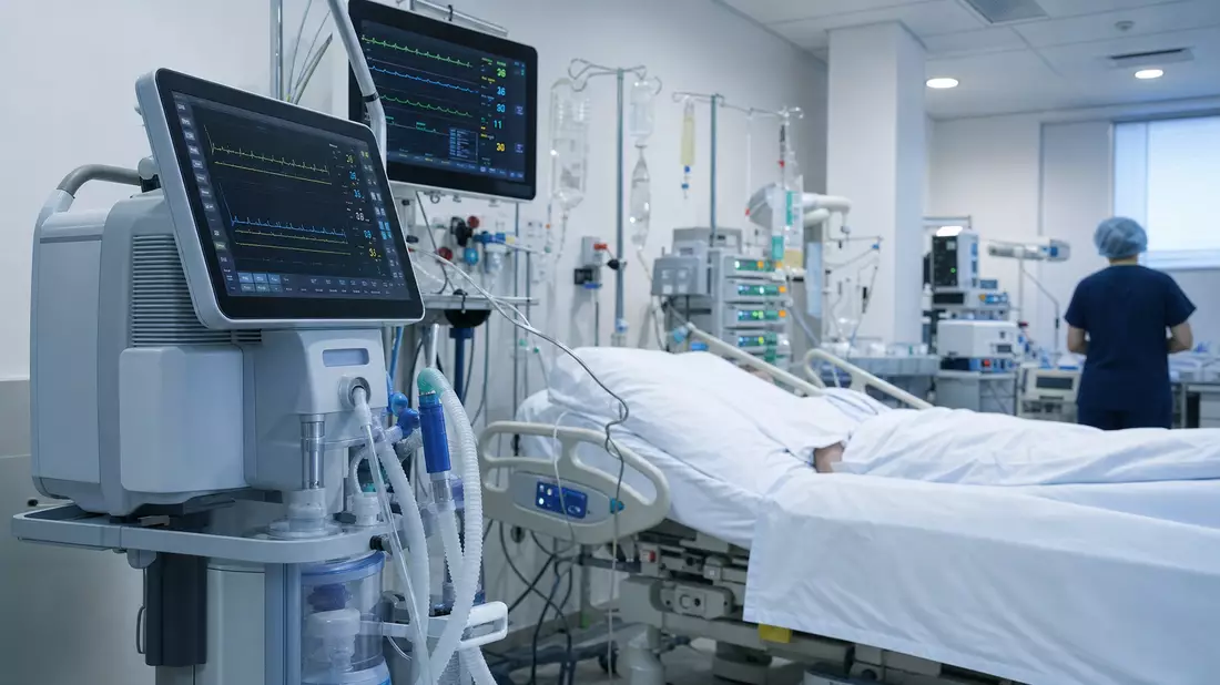Moderne Intensivstation mit Beatmungsgerät und Patientenmonitoring in klinischer Umgebung