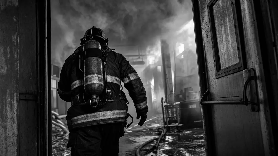 Schwarzweiß-Reportagefoto eines Feuerwehrmanns mit Atemschutzgerät im Einsatz