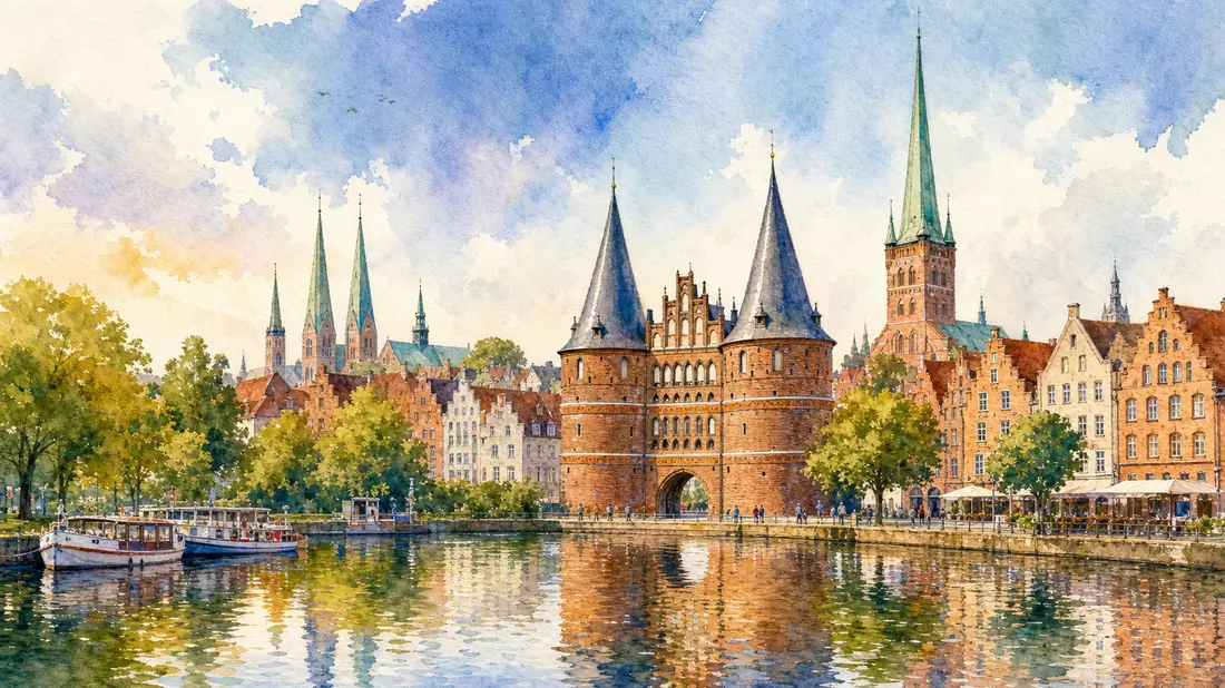 Aquarellmalerei der Lübecker Altstadt mit Holstentor und Flussreflexionen in Pastellfarben
