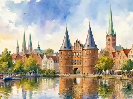 Drägerwerk AG & Co. KGaA Firmensitz Lübeck historische Altstadt Holstentor Aquarellmalerei Trave DE0005550636 - Foto: THN