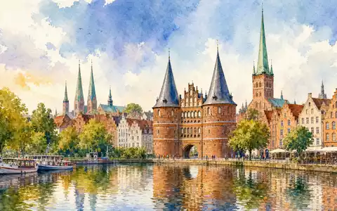 Drägerwerk AG & Co. KGaA Firmensitz Lübeck historische Altstadt Holstentor Aquarellmalerei Trave DE0005550636 - Foto: THN