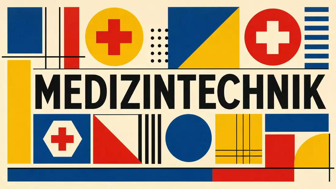 Bauhaus-Konstruktivismus-Poster mit MEDIZINTECHNIK-Schriftzug und geometrischen Primärfarben