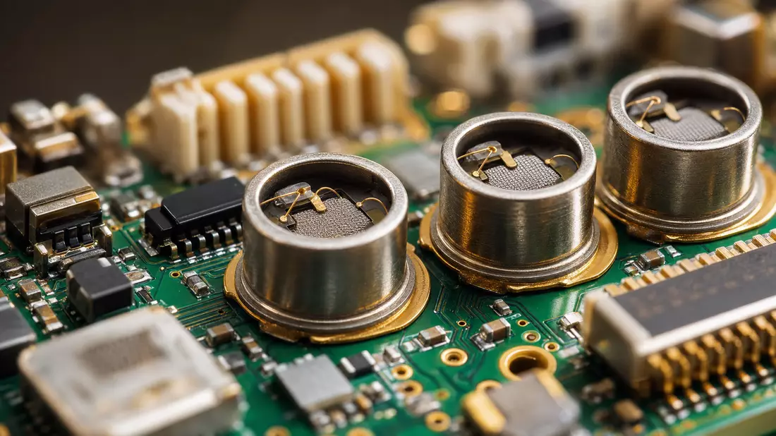 Makroaufnahme eines Gassensor-Schaltkreises mit goldenen Kontakten und elektrochemischen Zellen
