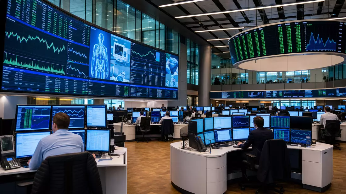 Frankfurter Börsen-Handelsraum mit digitalen Kursanzeigen für den Medizintechnik-Sektor