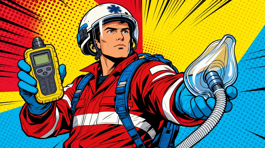 Pop-Art-Comic eines Rettungshelfers mit Gasmelder und Beatmungsmaske auf Halbton-Hintergrund