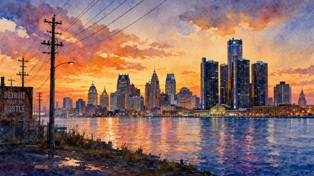 Aquarell Detroit Skyline Detroit River Sonnenuntergang, Versorgungsmasten Vordergrund