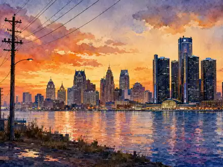 DTE Energy Co. Detroit Skyline am Fluss als Aquarell mit Strommasten, US2333311072 Versorgungsunternehmen Michigan - Foto: THN