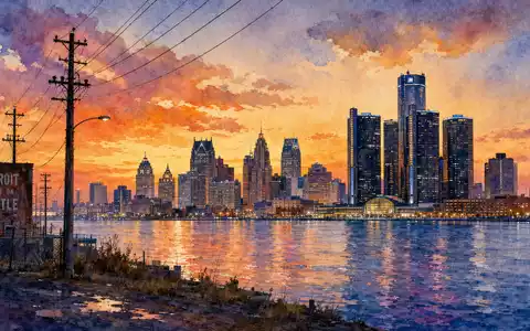 DTE Energy Co. Detroit Skyline am Fluss als Aquarell mit Strommasten, US2333311072 Versorgungsunternehmen Michigan - Foto: THN