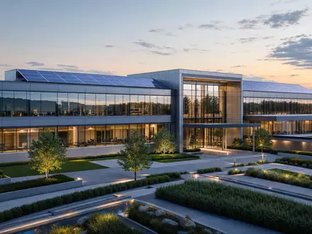 DTE Energy Co. modernes Unternehmensgebäude mit Glasfassade und Solaranlage auf dem Dach, US2333311072 - Foto: THN