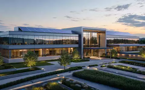 DTE Energy Co. modernes Unternehmensgebäude mit Glasfassade und Solaranlage auf dem Dach, US2333311072 - Foto: THN