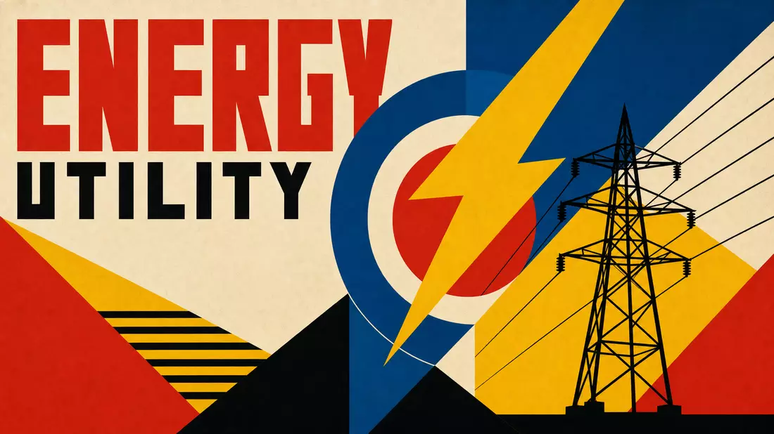 Bauhaus-Poster geometrisch Rot Gelb Blau Hochspannungsmast Blitz ENERGY-Text
