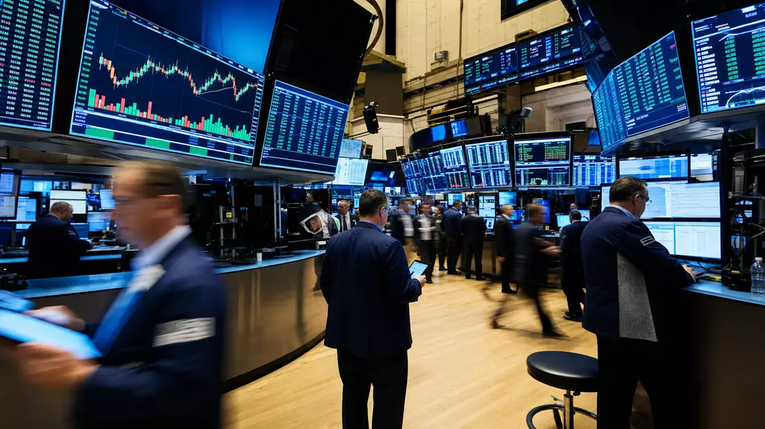 NYSE Börsenparkett Händler Kursdiagramme Bildschirme Bewegungsunschärfe Editorial
