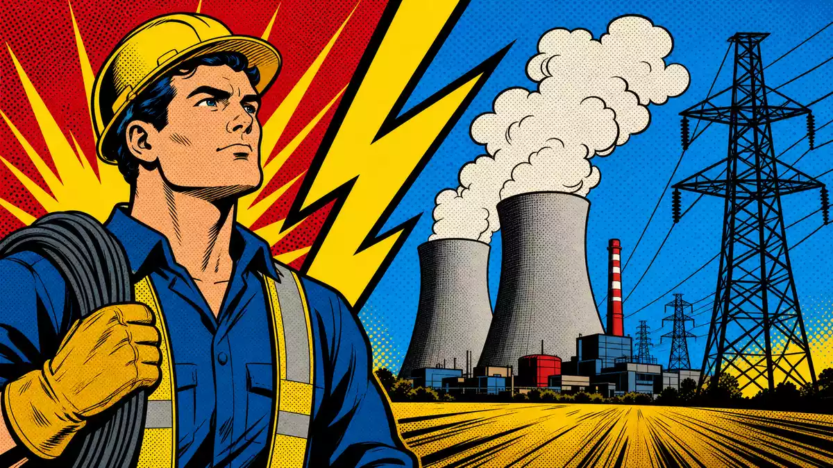 Pop-Art-Comic Elektriker Schutzhelm Blitz Kühlturm Hochspannungsmast Primärfarben Halbton
