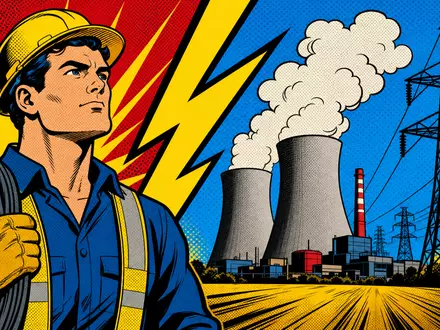 DTE Energy Co. Pop-Art-Comic mit Energietechniker und Blitz vor Kraftwerk, US2333311072 Versorgungssektor - Foto: THN