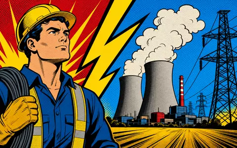 DTE Energy Co. Pop-Art-Comic mit Energietechniker und Blitz vor Kraftwerk, US2333311072 Versorgungssektor - Foto: THN