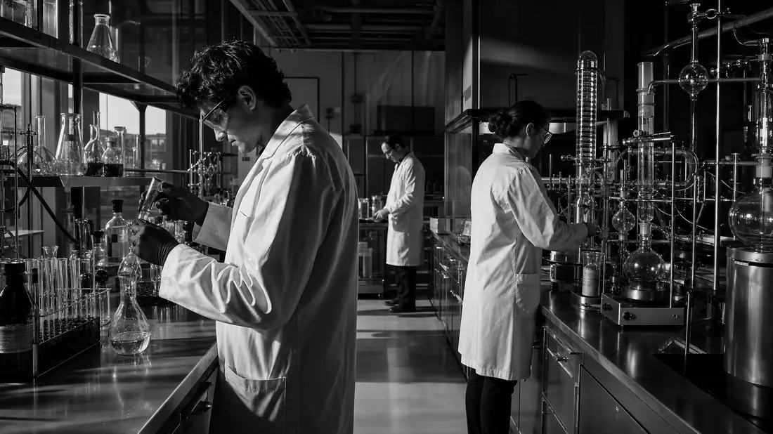 Dokumentarische Schwarzweiß-Aufnahme von Laboranten in einem Spezialchemie-Forschungslabor