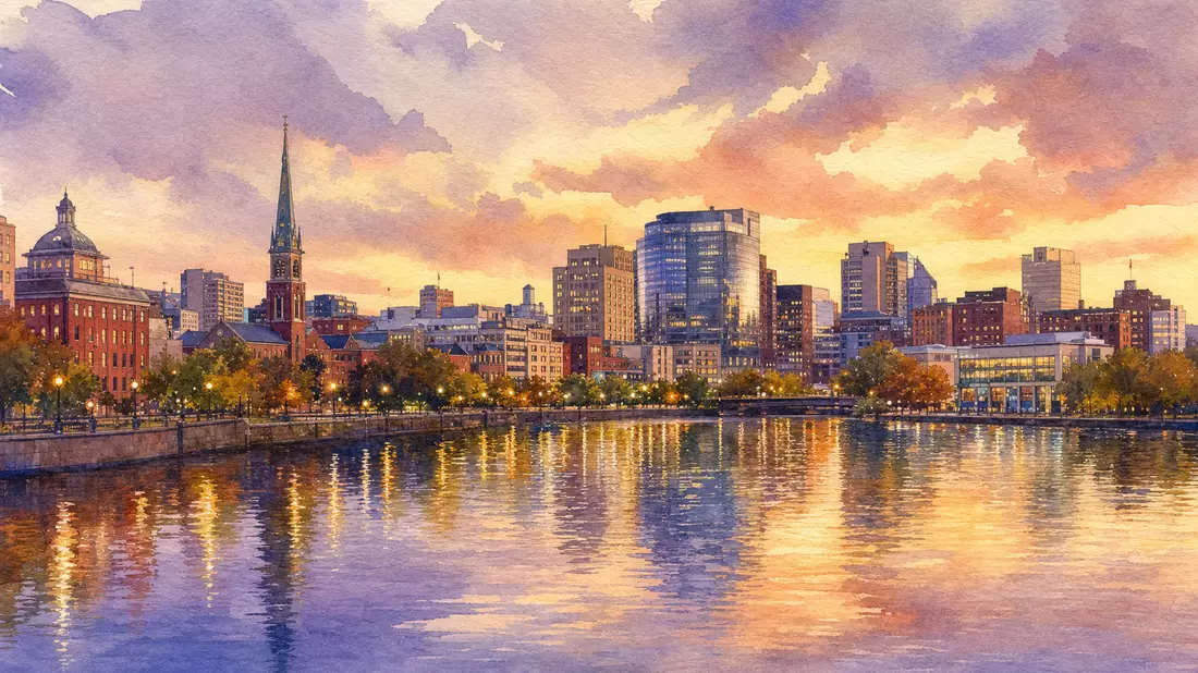 Aquarell-Gemälde der Skyline von Wilmington Delaware am Christina River bei Dämmerung