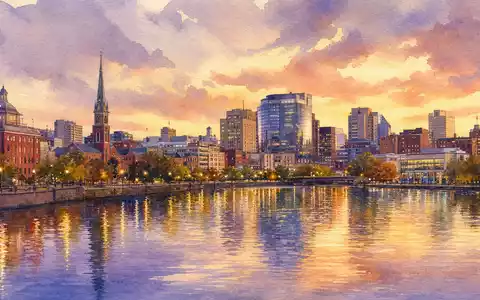 DuPont de Nemours ISIN US26614N1028 Aquarell der Wilmington Skyline am Fluss bei Daemmerung - Foto: THN