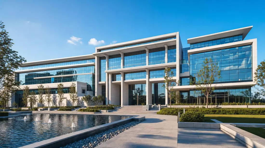 3D-Architektur-Rendering eines modernen Firmengebäudes mit Glasfassade und Wasserbecken