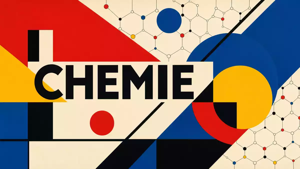 Bauhaus-Grafikposter mit Primärfarben, geometrischen Formen und dem Wort CHEMIE