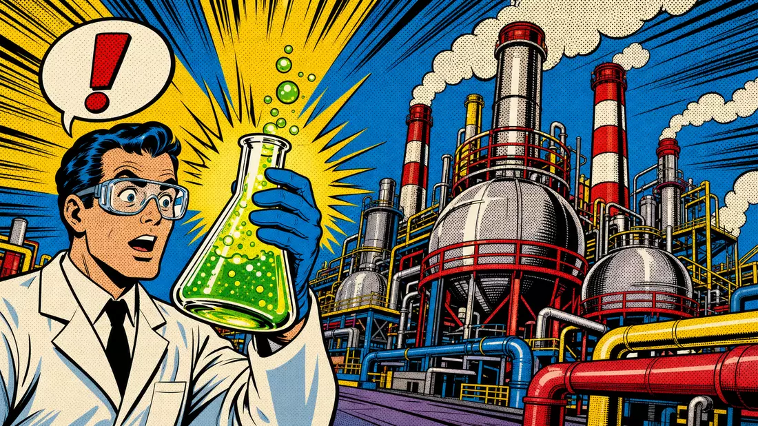 Buntes Pop-Art-Comic-Bild eines Wissenschaftlers mit Erlenmeyerkolben vor Chemieanlage