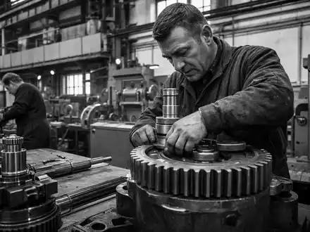 Dover Corp. US25985P1030 Schwarzweiß-Reportage zeigt Werktechniker bei Montage schwerer Industriemaschinenkomponenten in Fertigung - Foto: THN