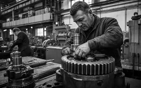 Dover Corp. US25985P1030 Schwarzweiß-Reportage zeigt Werktechniker bei Montage schwerer Industriemaschinenkomponenten in Fertigung - Foto: THN