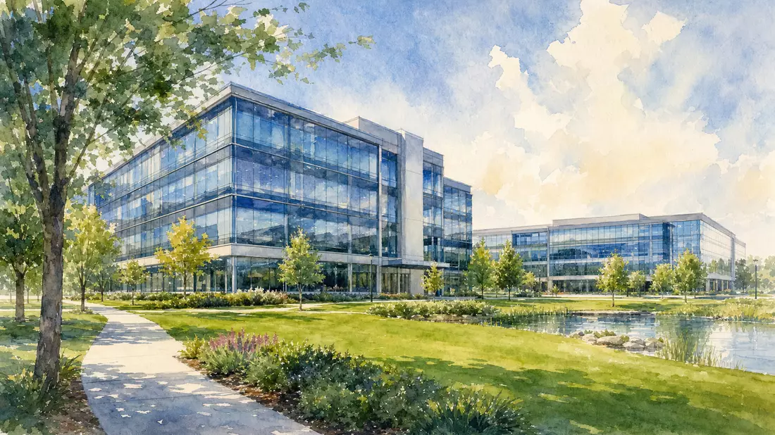 Aquarell Unternehmenskampus Dover Corp. – Glas-Stahl-Gebäude mit Grünanlage
