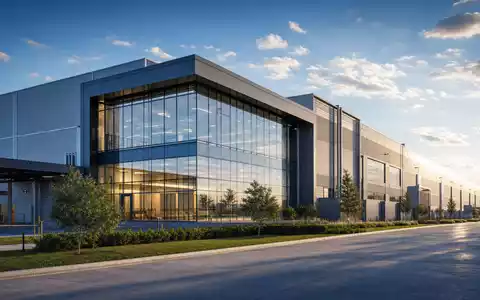 Dover Corp. US25985P1030 Architektur-Render modernes Industriegebäude mit Glasfassade Stahl und blauem Himmel - Foto: THN