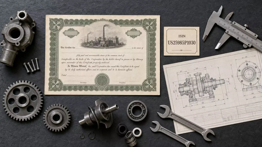Flatlay Aktienzertifikat US25985P1030 mit Maschinenbau-Utensilien Dover Corp