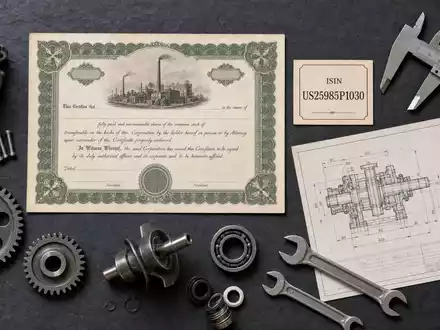 Dover Corp. US25985P1030 Flatlay mit Aktienzertifikat ISIN-Karte Zahnrädern Werkzeugen Lagerrollen und Maschinenbauplan - Foto: THN