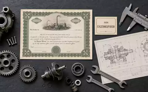 Dover Corp. US25985P1030 Flatlay mit Aktienzertifikat ISIN-Karte Zahnrädern Werkzeugen Lagerrollen und Maschinenbauplan - Foto: THN