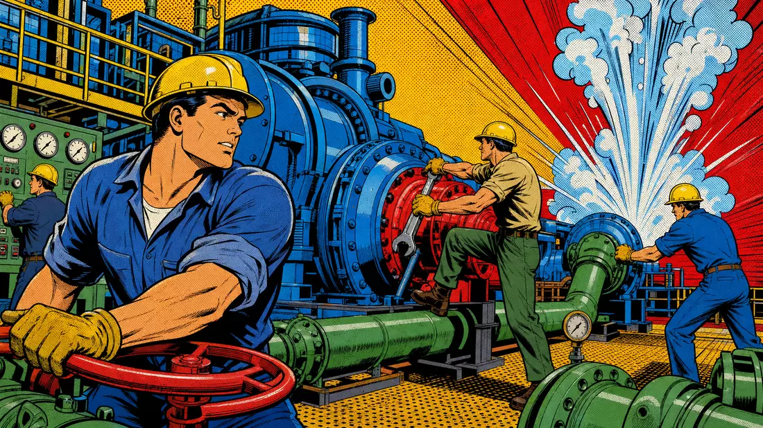 Pop-Art-Comic Dover Corp. – Arbeiter an Pumpenanlage in Industrieumgebung