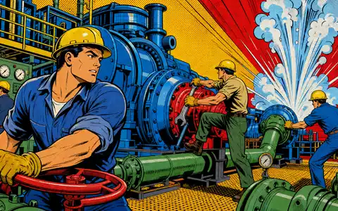 Dover Corp. US25985P1030 Pop-Art-Comic Arbeiter bedienen Pumpenanlage und Industriemaschinen in bunter Comicszene - Foto: THN