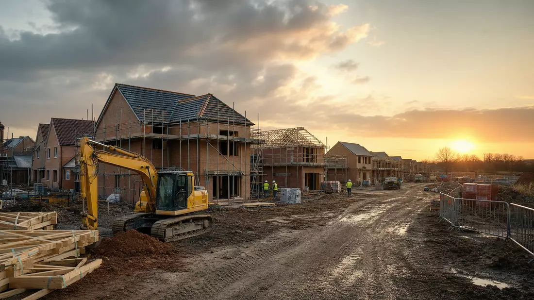 Britische Neubaustelle mit Reihenhäusern, Gerüsten und Bagger im Abendlicht